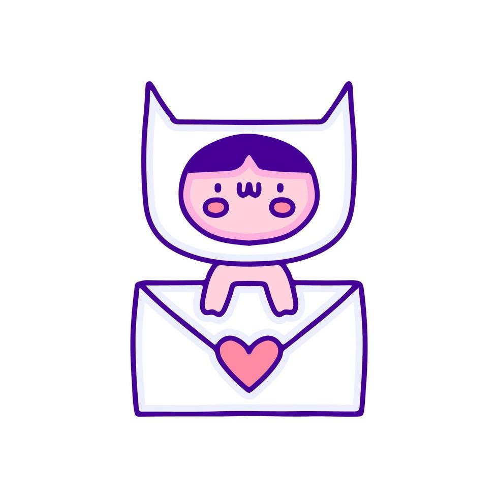Sweet baby in cat costume holding love letter doodle art, illustration for t-shirt, sticker, or apparel merchandise. With modern pop and kawaii style. vector