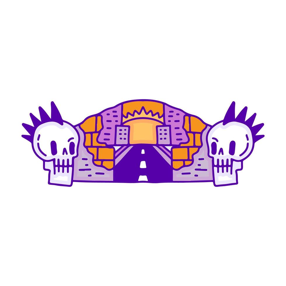 Cool punk skull with city landscape doodle art, illustration for t-shirt, sticker, or apparel merchandise. With modern pop style. vector