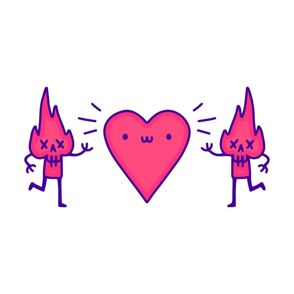 Funny burning skull character and love symbol cartoon, illustration for t-shirt, sticker, or apparel merchandise. With modern pop and retro style. vector