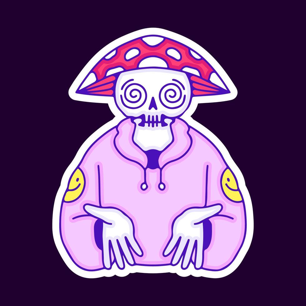 Hype skull in sweater and mushroom hat cartoon, illustration for t-shirt, sticker, or apparel merchandise. With modern pop and retro style. vector