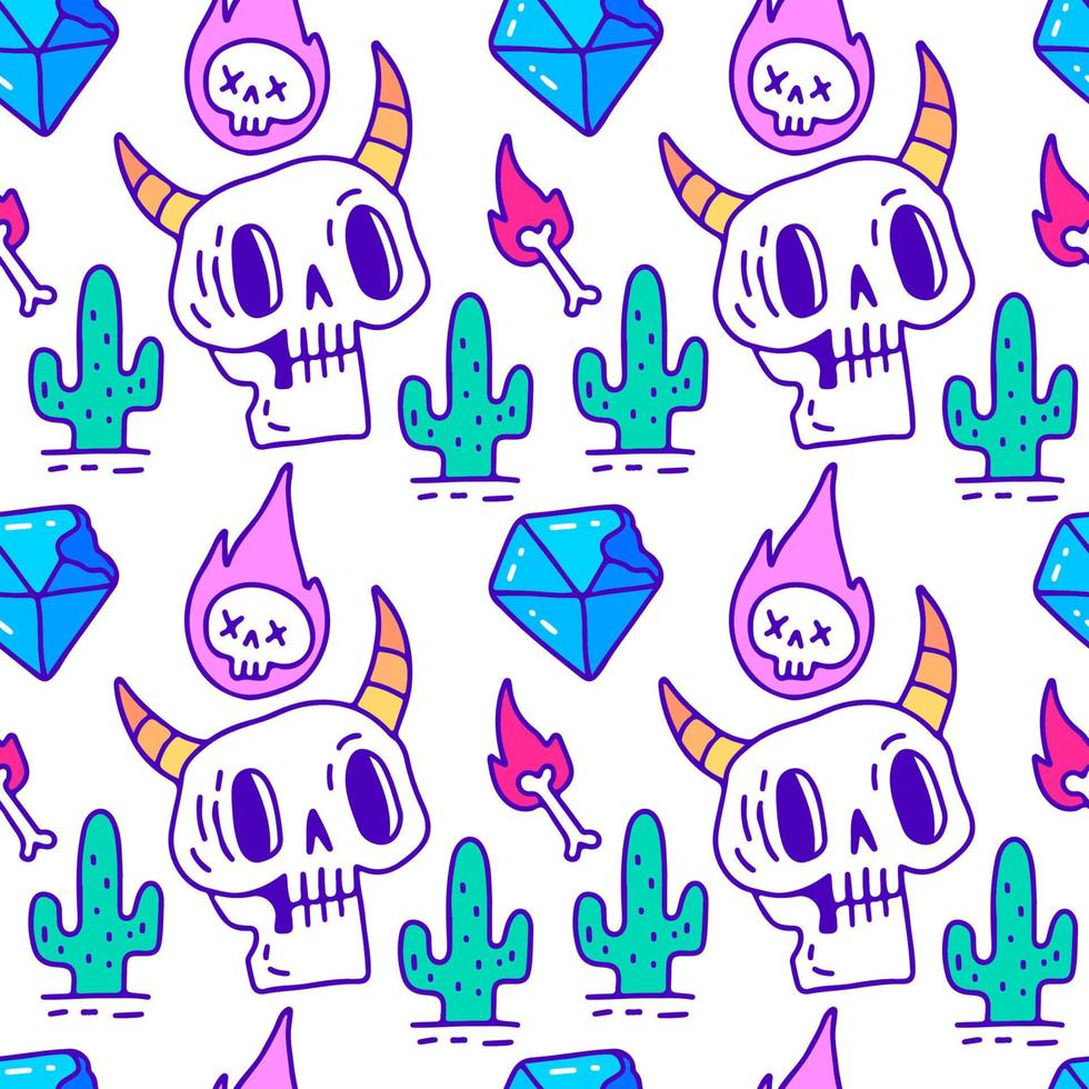 Trendy wild skull, cactus, and diamond seamless pattern, illustration for background or apparel merchandise. With modern pop and retro style. vector