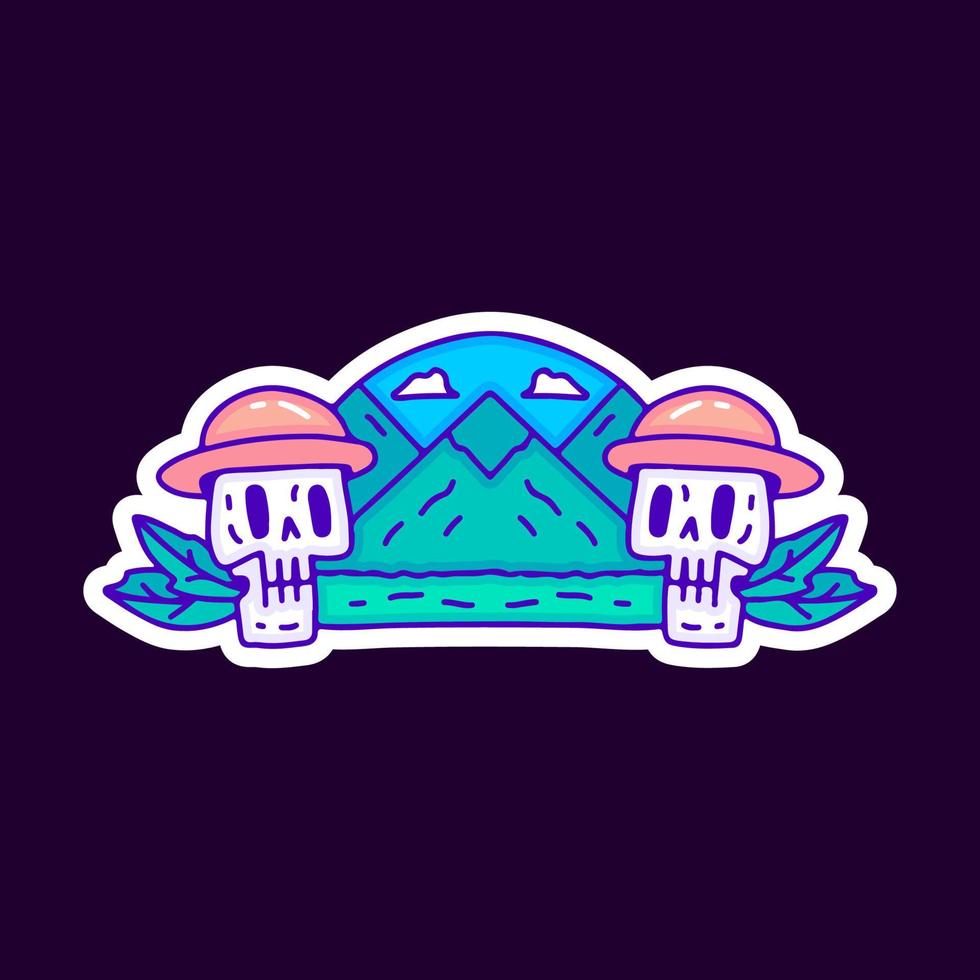 Adventure skulls with nature landscape cartoon, illustration for t-shirt, sticker, or apparel merchandise. With modern pop and retro style. vector