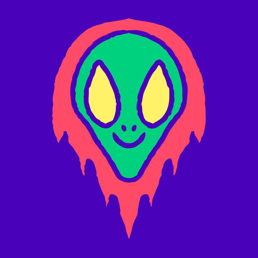 dibujos animados de garabatos de cabeza alienígena en llamas, ilustración para camisetas, pegatinas o prendas de vestir. con pop moderno y estilo retro. vector