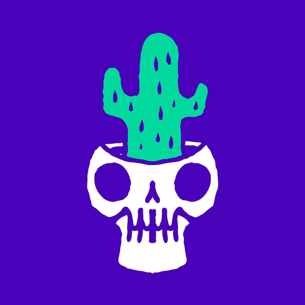 cactus dentro de la caricatura de la cabeza del cráneo, ilustración para camisetas, calcomanías o prendas de vestir. con pop moderno y estilo retro. vector