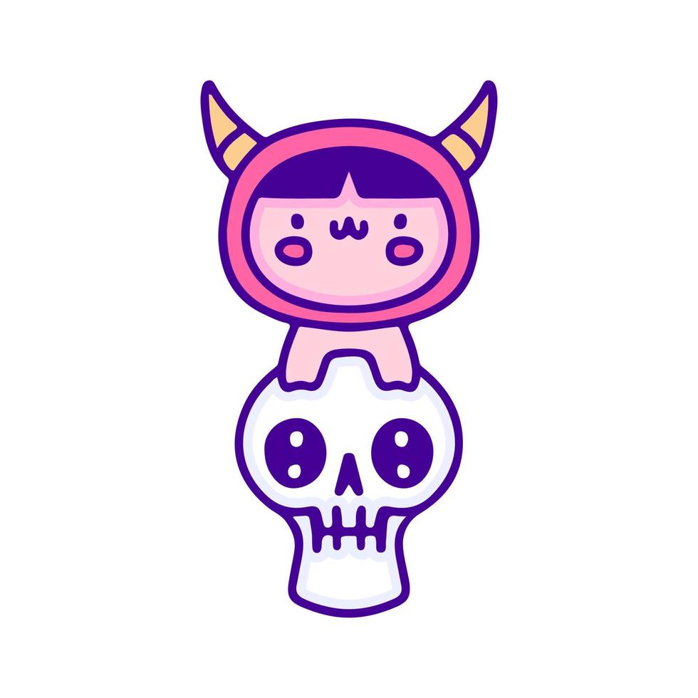 Cute baby in devil costume with skull doodle art, illustration for t-shirt, sticker, or apparel merchandise. With modern pop and kawaii style. vector