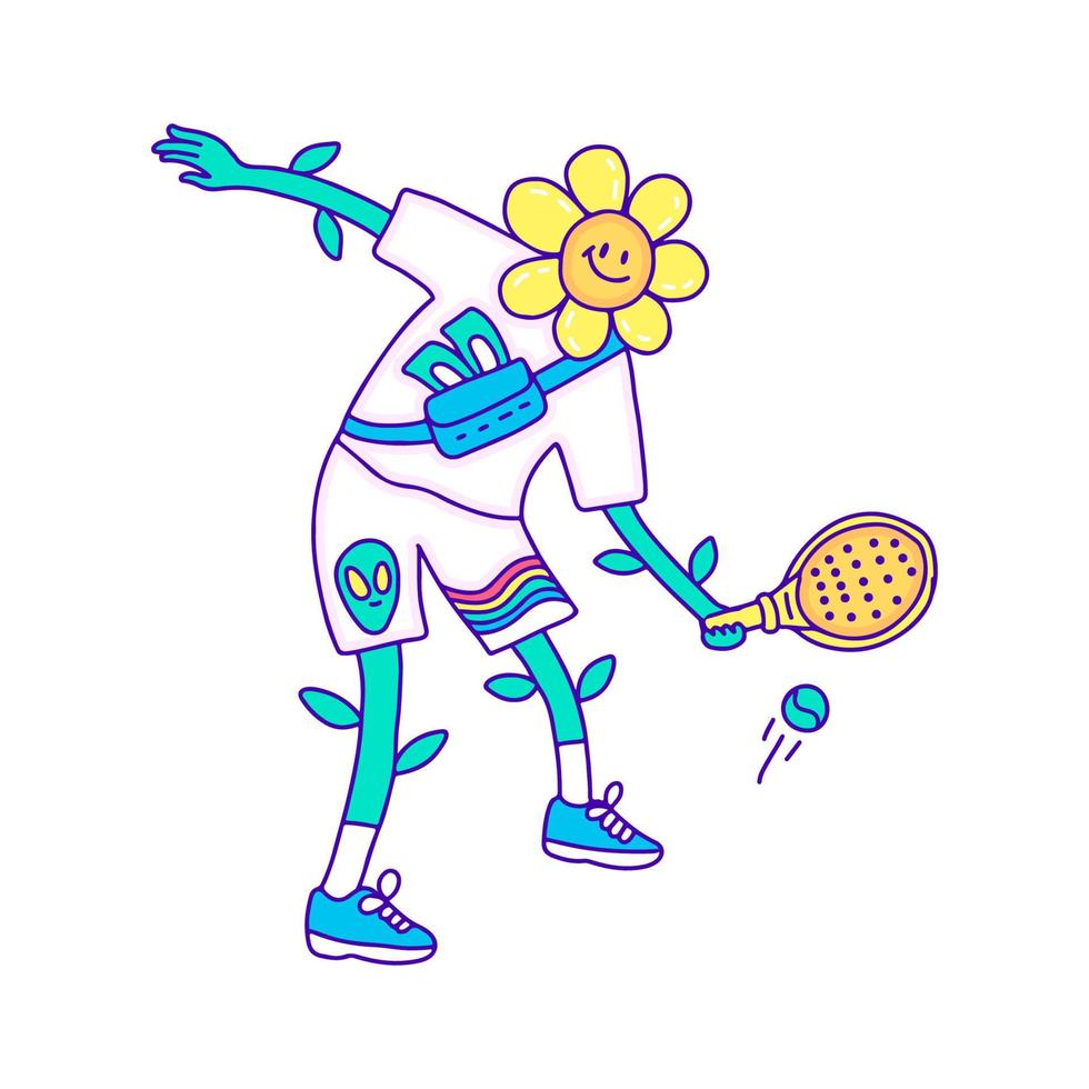 Cool sunflower character plying padel sport doodle art, illustration for t-shirt, sticker, or apparel merchandise. With modern pop style. vector