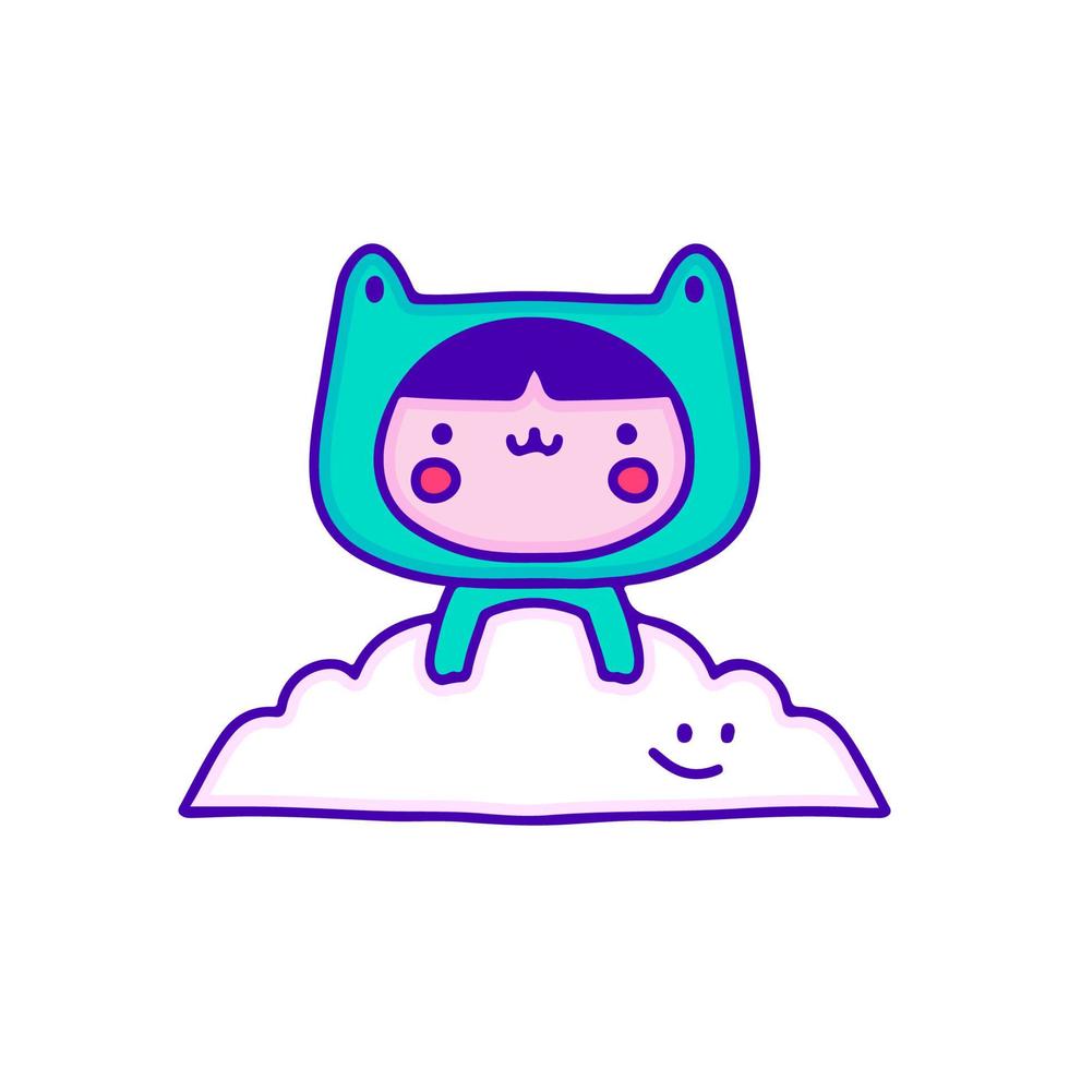 Cute kid in frog costume with funny cloud, illustration for t-shirt, sticker, or apparel merchandise. With modern pop and kawaii style. vector