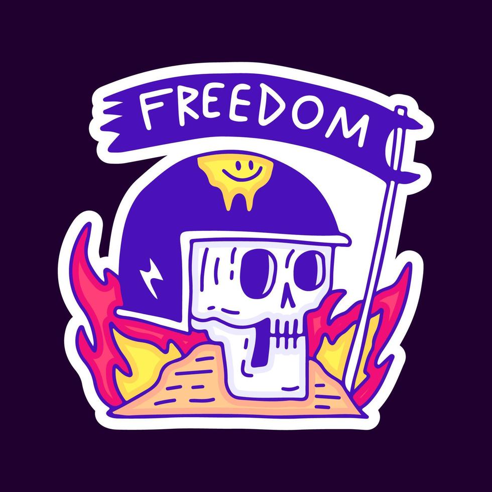 Skull in helmet with fire and freedom flag cartoon, illustration for t-shirt, sticker, or apparel merchandise. With modern pop and retro style. vector
