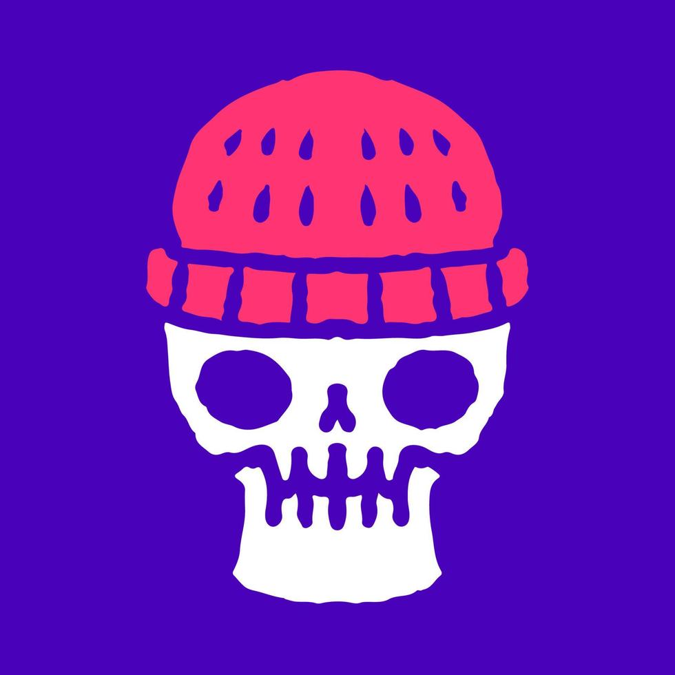 cráneo en dibujos animados de garabatos de beanie hat, ilustración para camisetas, pegatinas o prendas de vestir. con pop moderno y estilo retro. vector