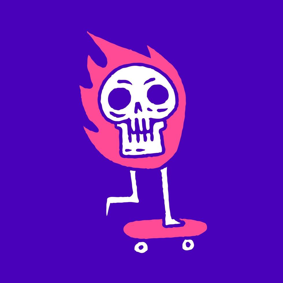 Fire skull riding skateboard doodle cartoon, illustration for t-shirt, sticker, or apparel merchandise. With modern pop and urban style. vector