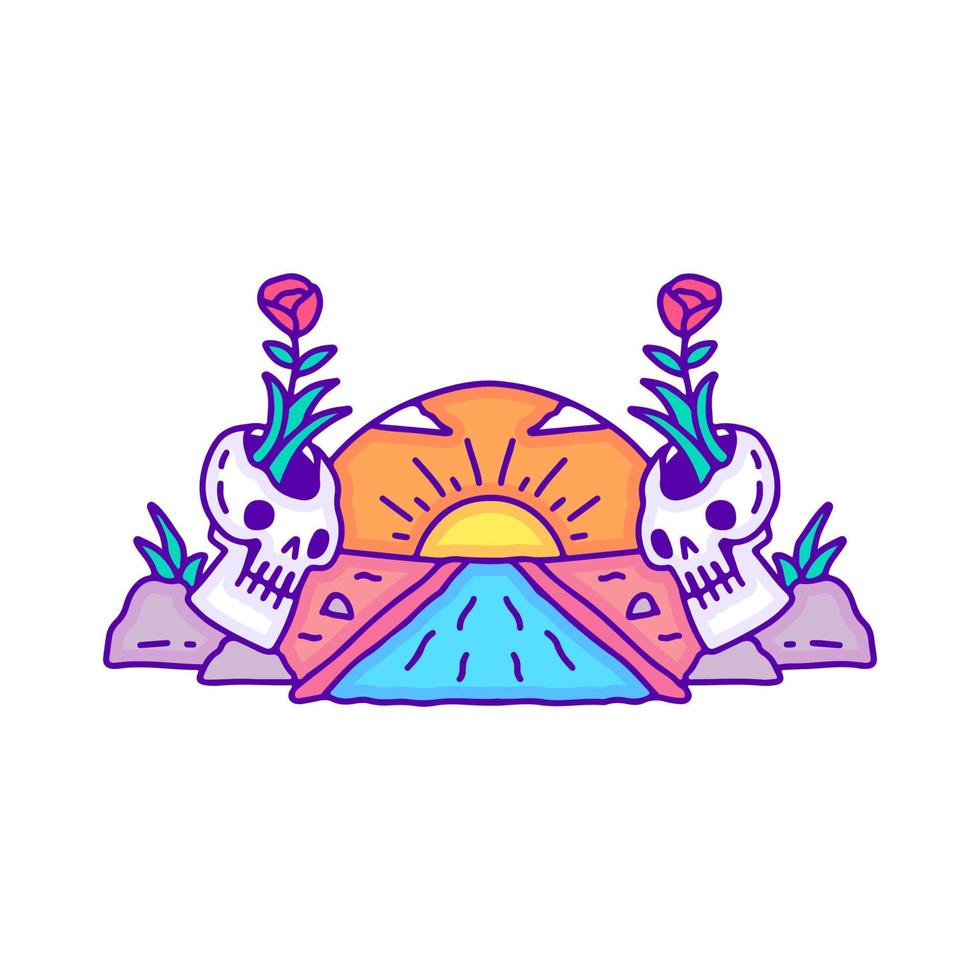 Wild skull with sunset and river landscape doodle art, illustration for t-shirt, sticker, or apparel merchandise. With modern pop style. vector
