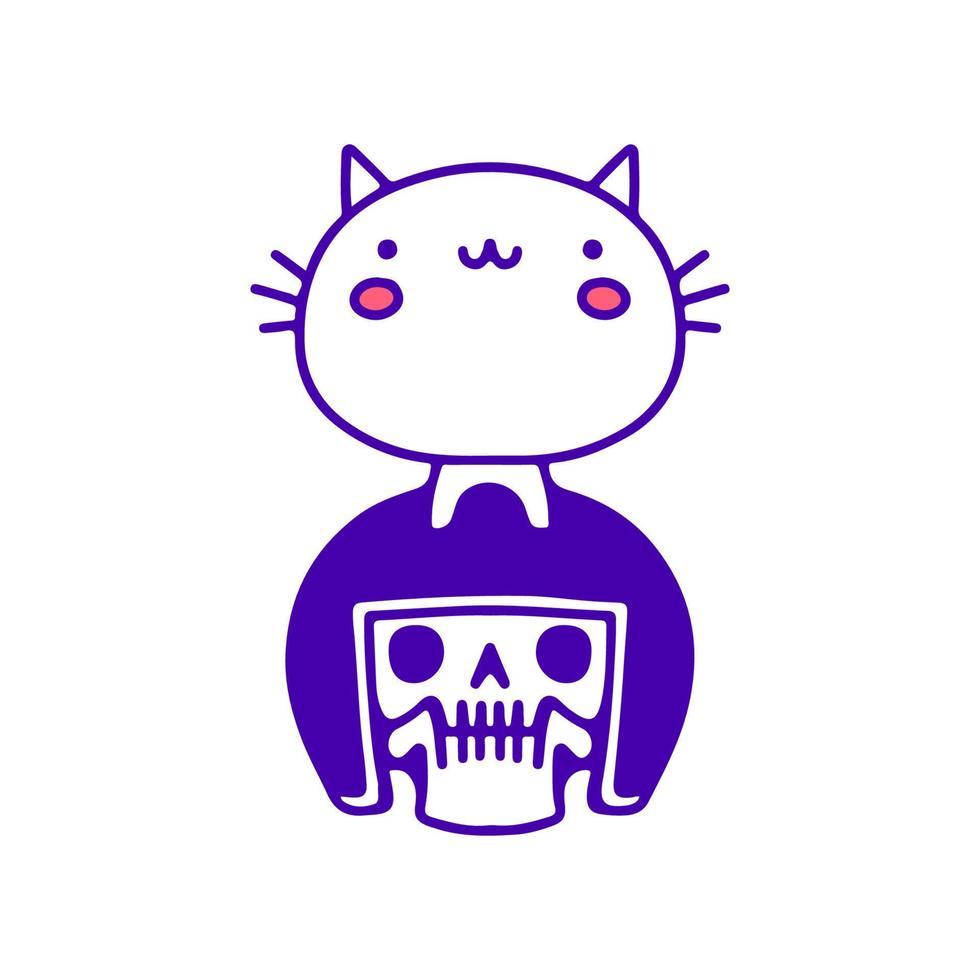 Cool little cat and rider skull doodle art, illustration for t-shirt, sticker, or apparel merchandise. With modern pop and kawaii style. vector