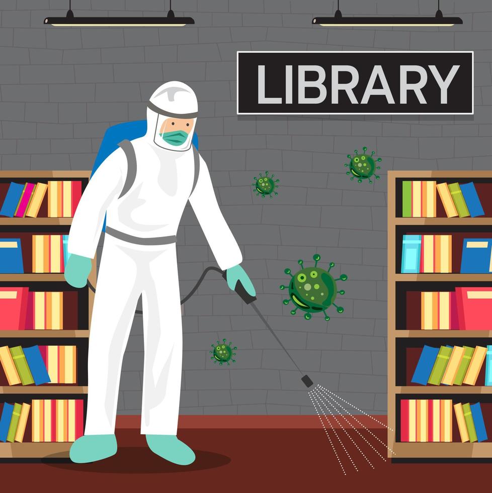 Vector illustration, man wearing protective clothing is spraying antiviral disinfectant