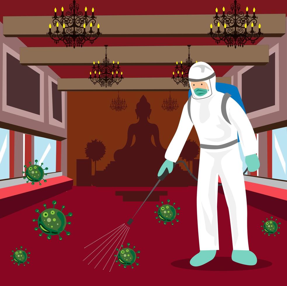 Vector illustration, man wearing protective clothing is spraying antiviral disinfectant