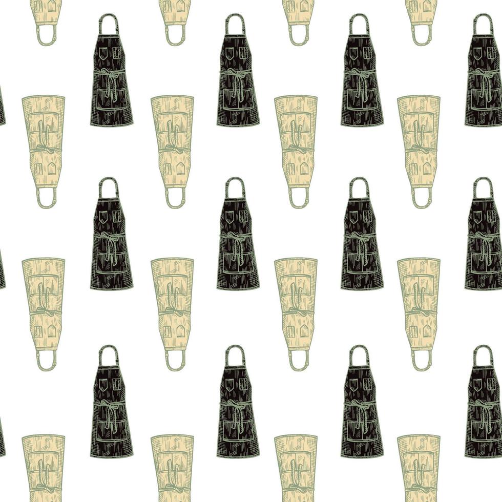Aprons engraved seamless pattern. Vintage background for kitchen in hand drawn style. Vector repeated texture for print, fabric, wrapping, wallpaper, tissue.