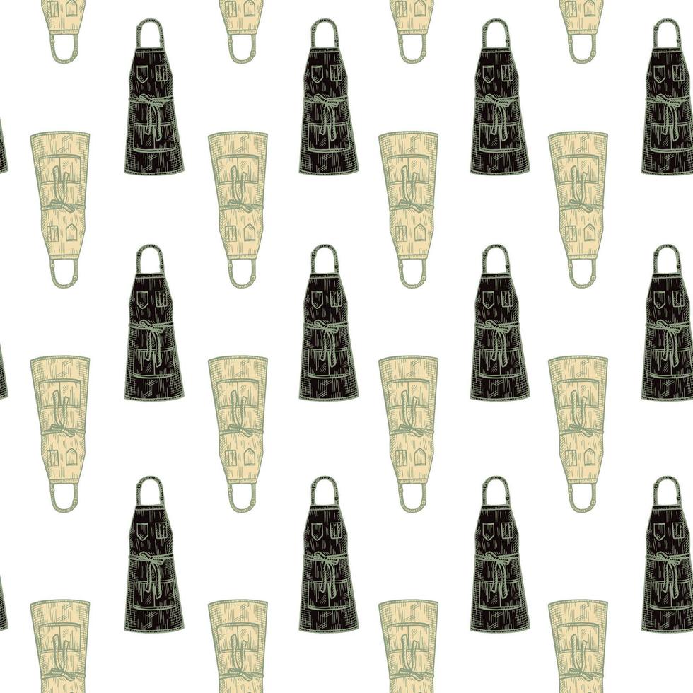 Aprons engraved seamless pattern. Vintage background for kitchen in hand drawn style. Vector repeated texture for print, fabric, wrapping, wallpaper, tissue.