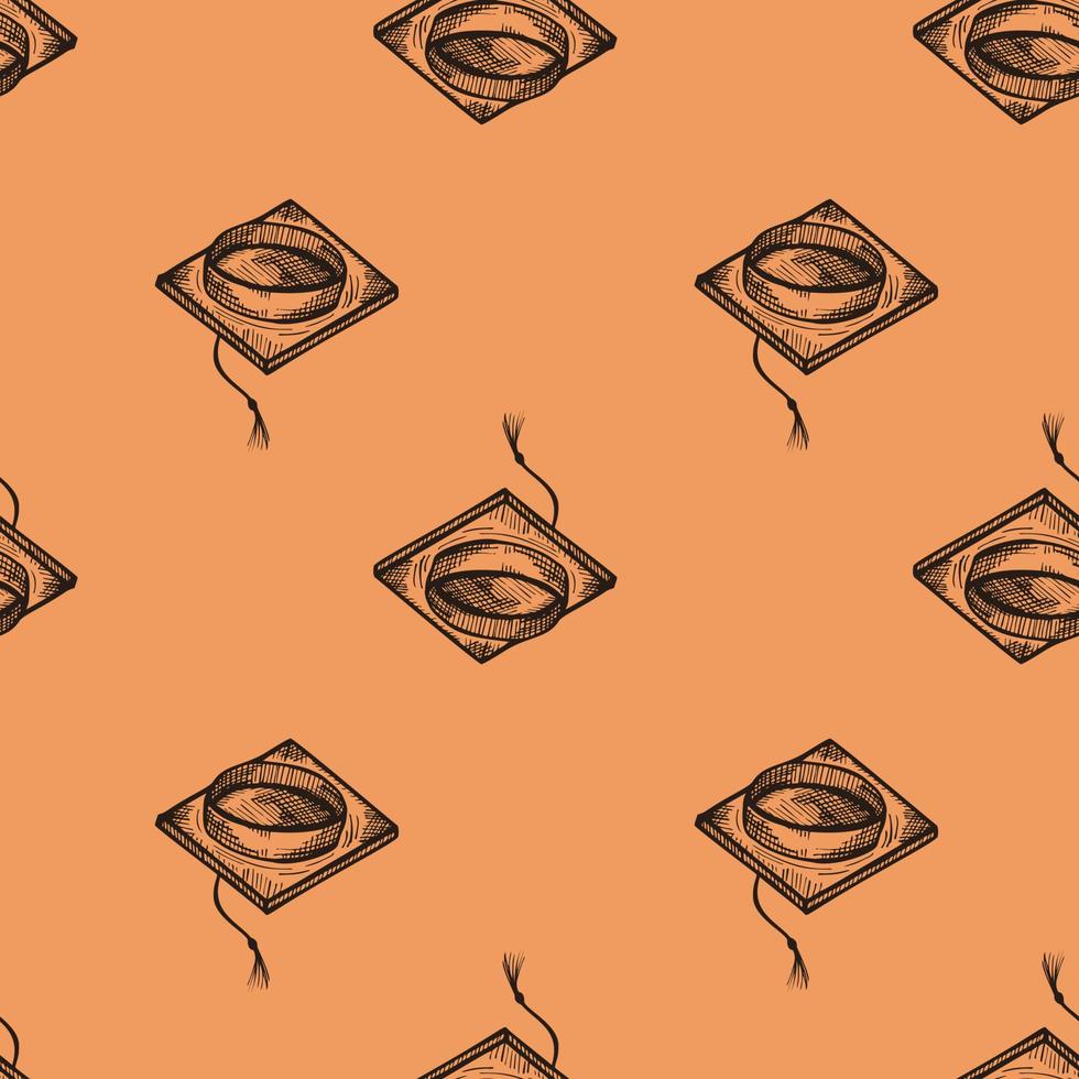 Graduate hat engraved seamless pattern. Vintage element education in hand drawn style. Sketch texture for fabric, wallpaper, textile, print, title, wrapping paper. Vector illustration.