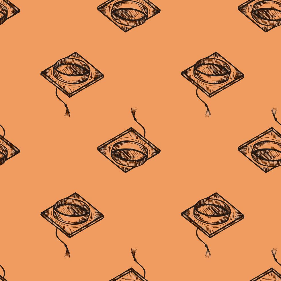 Graduate hat engraved seamless pattern. Vintage element education in hand drawn style. Sketch texture for fabric, wallpaper, textile, print, title, wrapping paper. Vector illustration.