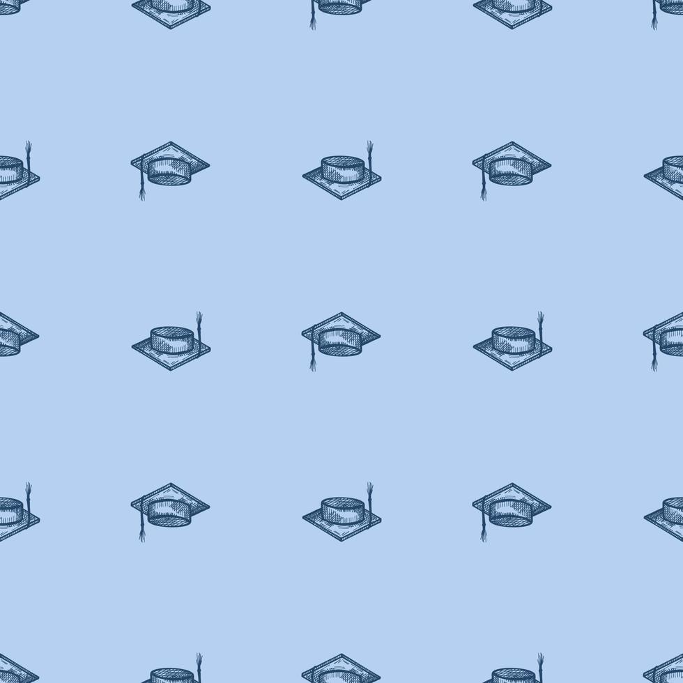 Graduate hat engraved seamless pattern. Vintage element education in hand drawn style. Sketch texture for fabric, wallpaper, textile, print, title, wrapping paper. Vector illustration.