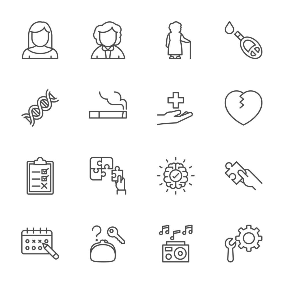 Alzheimer's Disease and Prevention, Vector thin line icons set