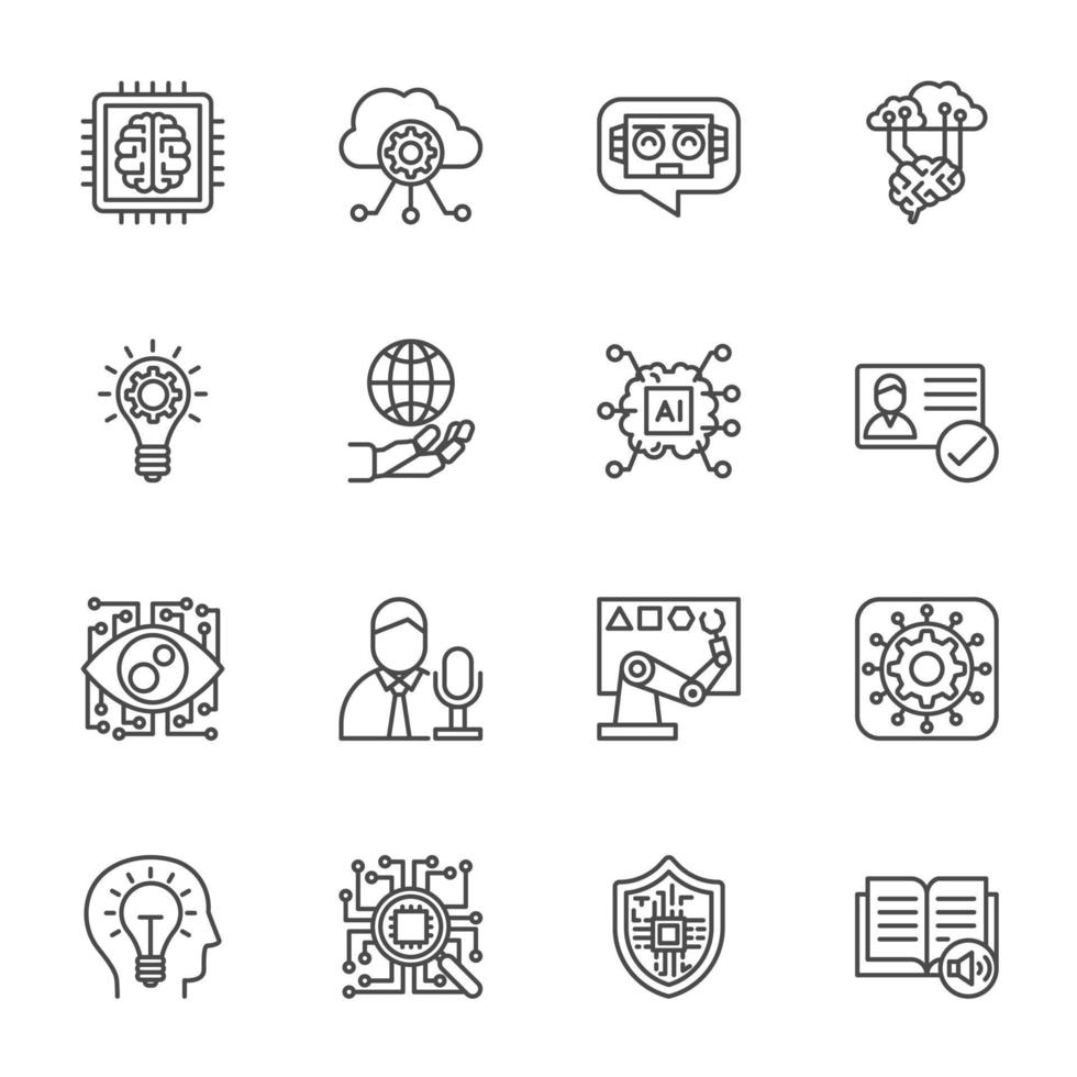 AI Artificial Intelligence technology and Machine Learning Icons, Vector thin line icons set.