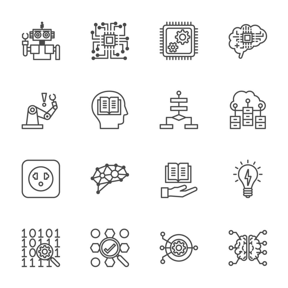 AI Artificial Intelligence technology and Machine Learning Icons, Vector thin line icons set.