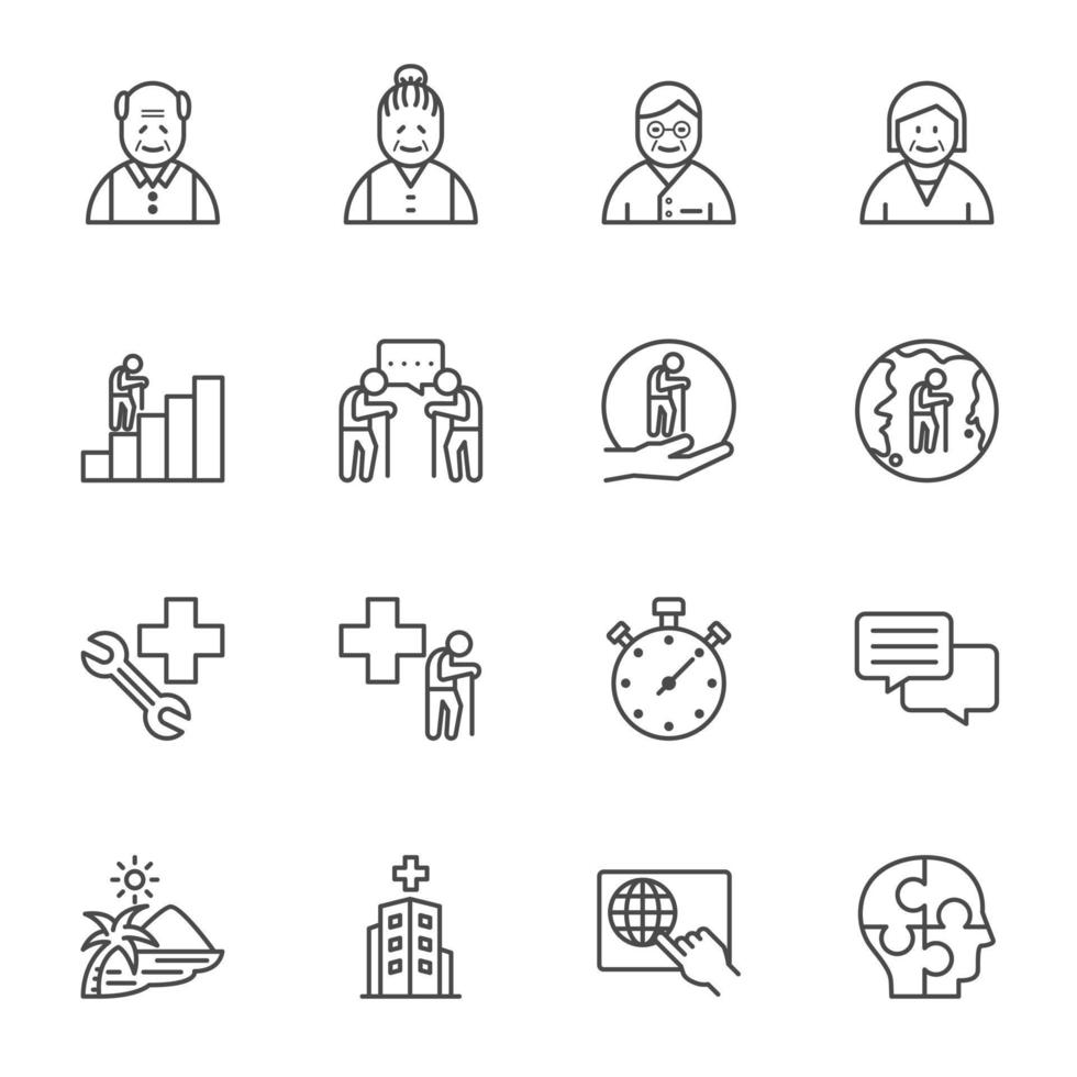 Seniors Thin Line Icons, Aging society concept, Vector line icon set