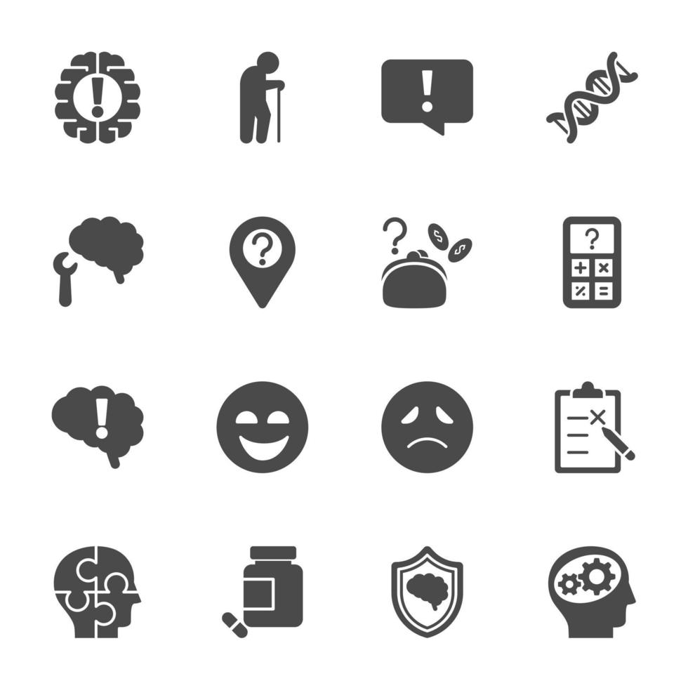 Alzheimer's Disease and Prevention, Health care and medical concept, Vector Solid icons set