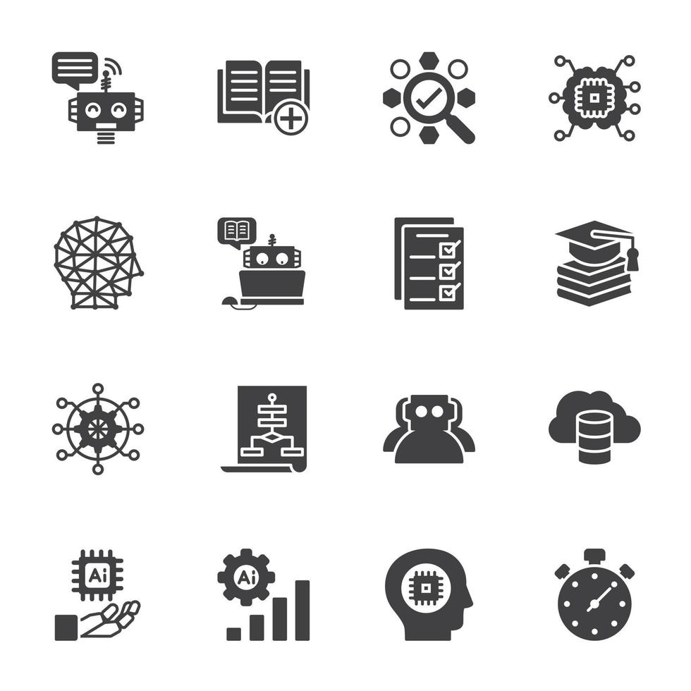AI Artificial Intelligence technology and Machine Learning Icons, Vector Solid icons set.