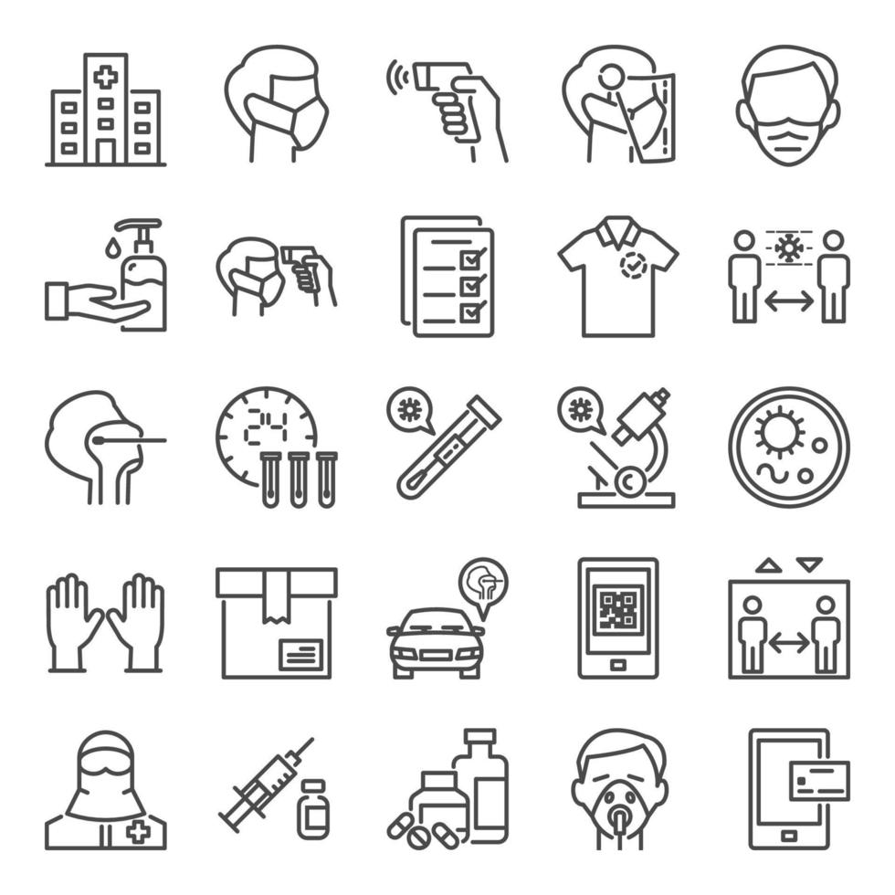 Coronavirus screening testing at the hospital, Simple thin line covid-19 icons set vector