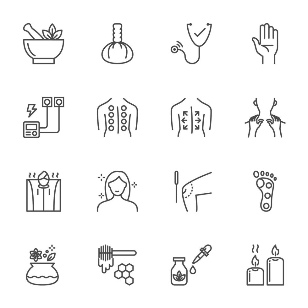 conjunto de iconos médicos y de masajes tradicionales tailandeses. elementos para el diseño, icono de línea vectorial sobre fondo blanco. vector