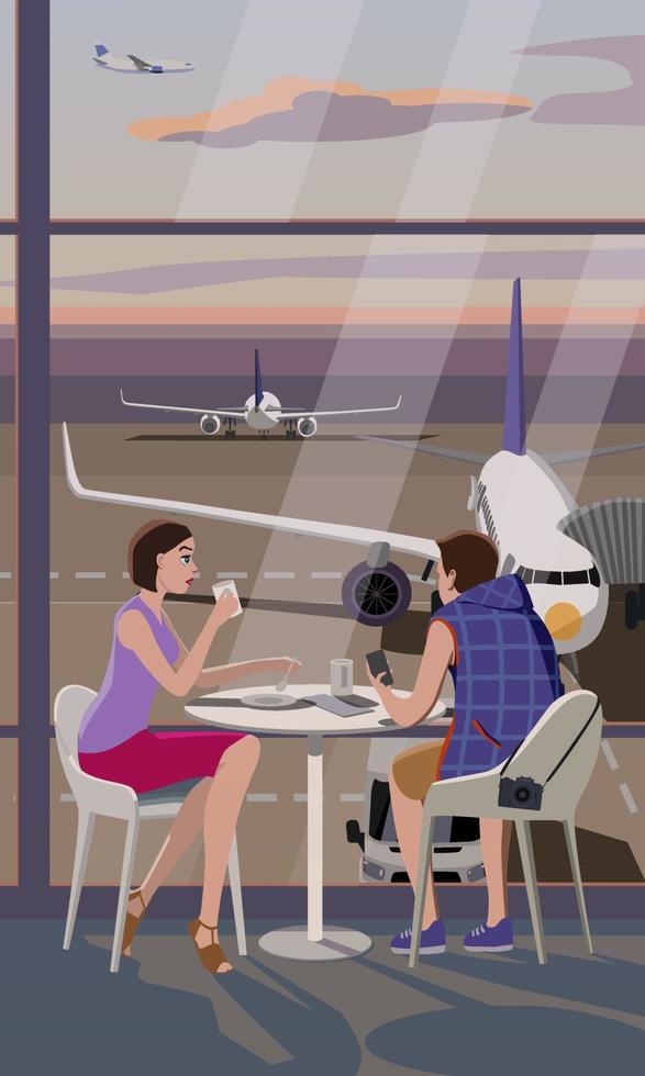 A guy with a girl at a table at the airport. Vector. vector