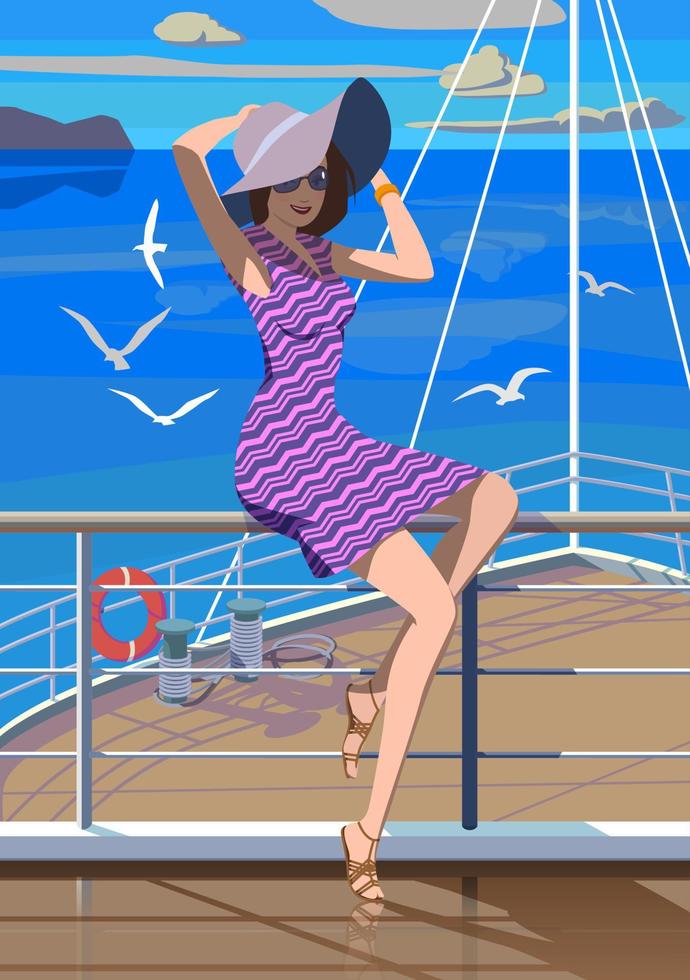 A girl in a dress and a hat on a ship against the backdrop of the sea and rocks. Vector. vector