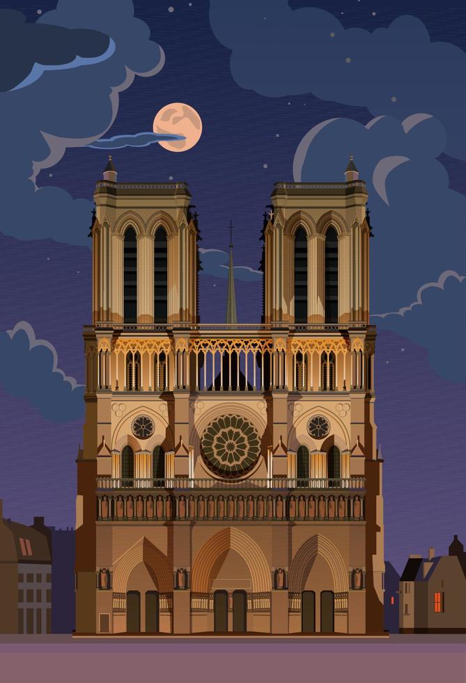 Moonlight night. Notre Dame de Paris. vector. vector