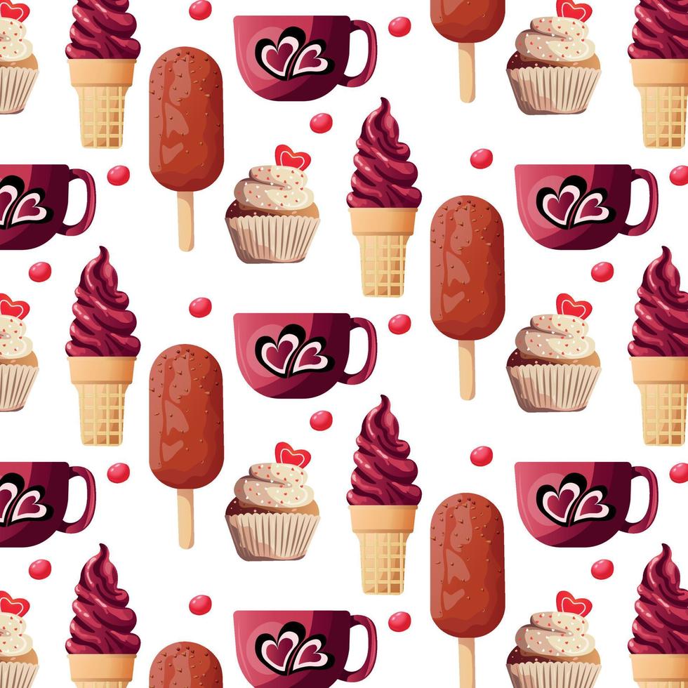 Vector seamless pattern with red cupcakes and ice cream