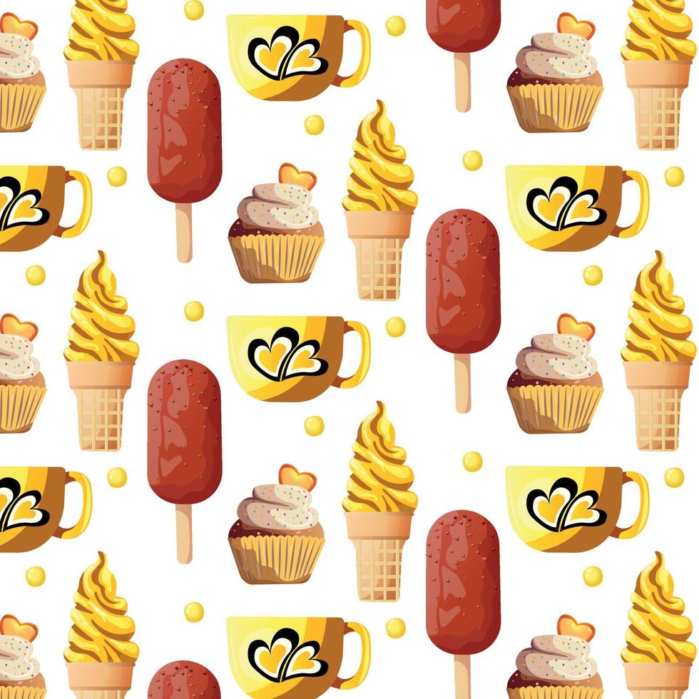 Vector seamless pattern with yellow cupcakes and ice cream