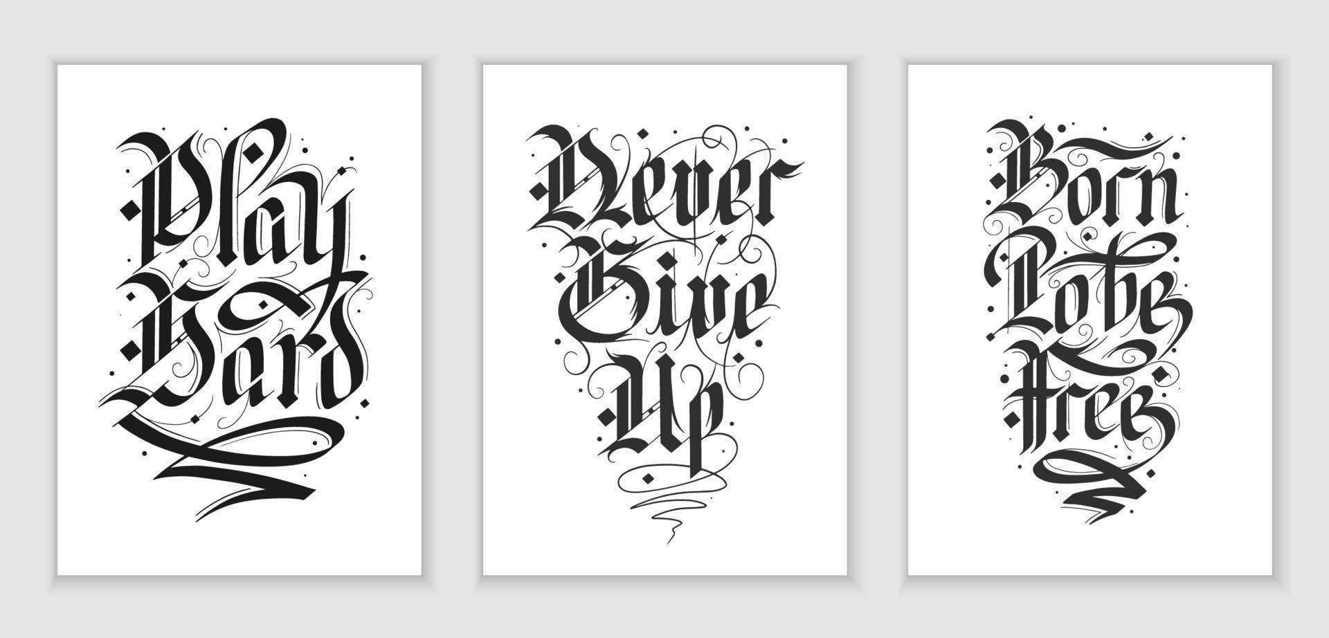 conjunto vectorial de 3 ilustraciones de afiches con letras con cita para estampado de camisetas, decoración, tatuaje. estilo gótico alemán dibujado a mano, texto de caligrafía moderna sobre fondo blanco, citas motivacionales. vector