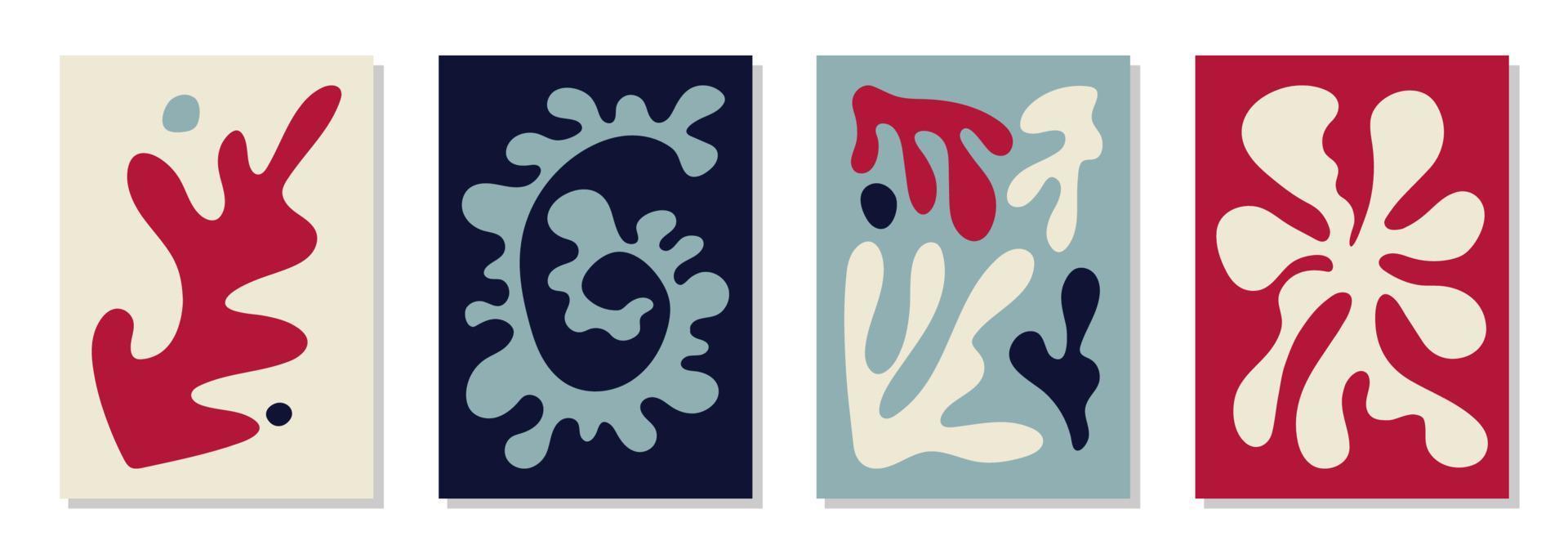 juego de 4 carteles de arte de pared de colores hygge inspirados en matisse, folletos, plantillas de volantes, collage contemporáneo. patrón abstracto de línea orgánica, diseño dibujado a mano, papel tapiz. vector gráfico de formas dinámicas