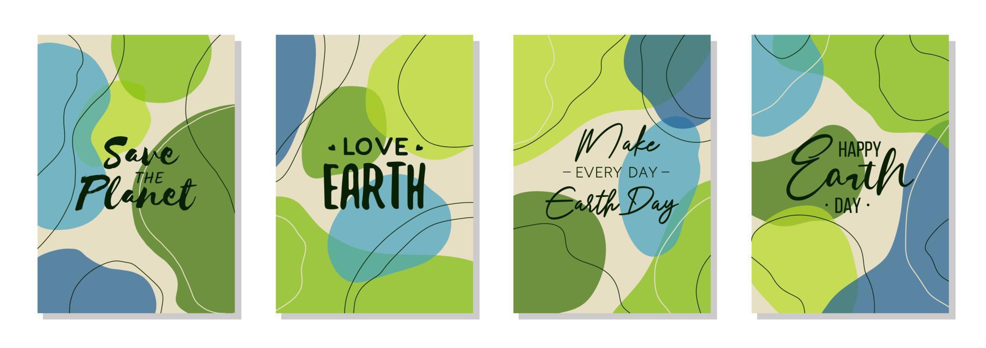 Set of 4 Earth Day wall art posters, brochure, flyer templates. Eco organic line abstract shape drawn, hand drawn design, simple wallpaper. Dynamic contemporary line graphic vector, liquid or fluid. vector