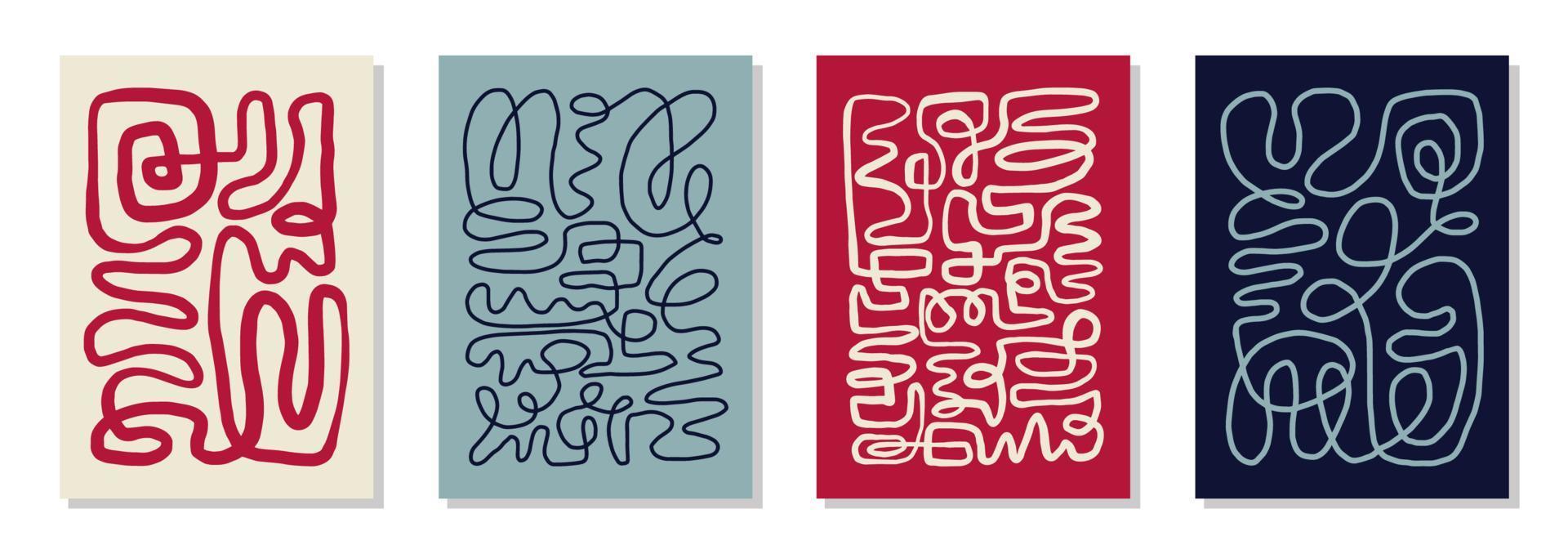 Set of 4 wall art posters, brochure, flyer templates. Single organic line abstract shape drawn, hand drawn design, simple wallpaper. Dynamic continuous one line graphic vector hygge design.