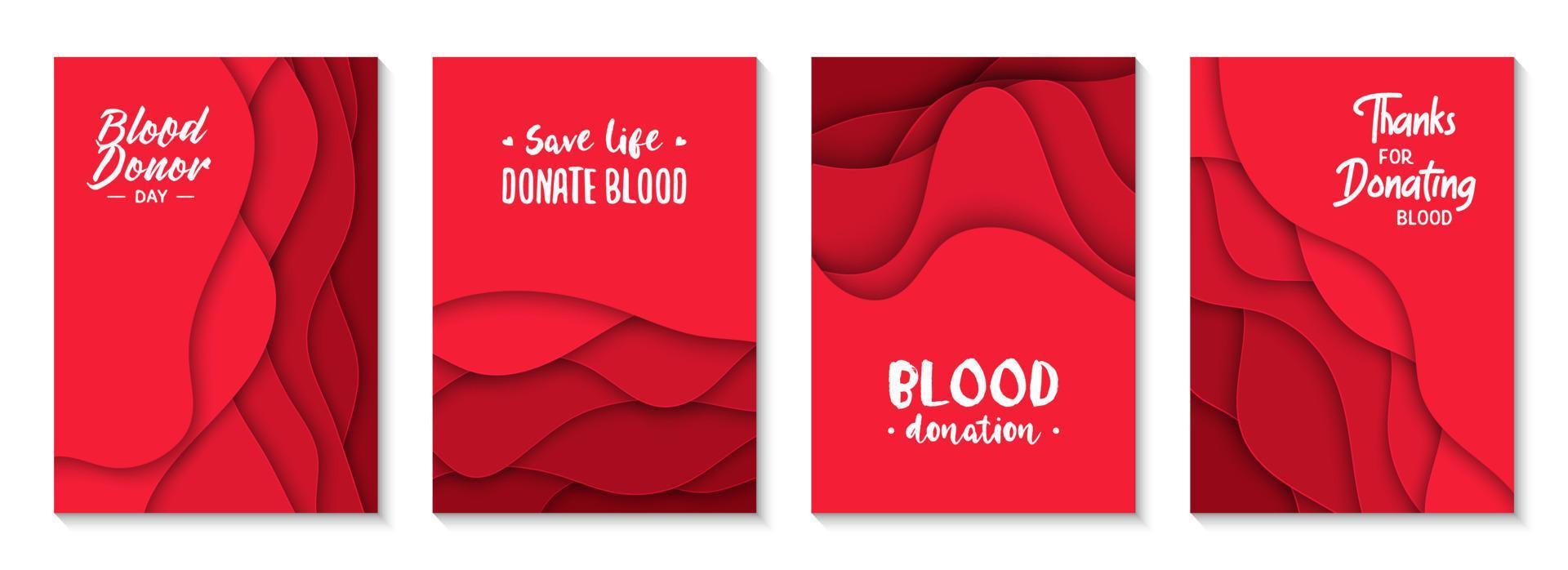 Set of 4 Blood Donation abstract graphic organic paper cut shapes. Dynamical waves, fluid shapes. Red banners with flowing lines, Donor quotes. Template for the design of a logo, flyer, presentation vector