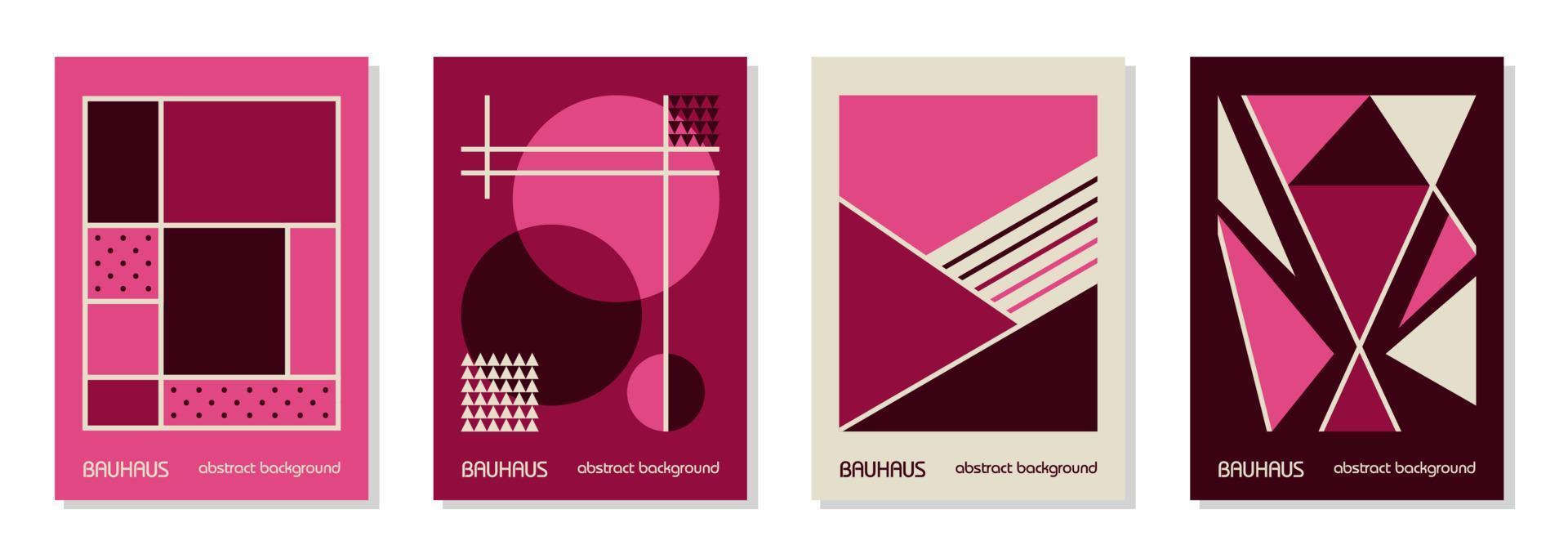 Set of 4 minimal vintage 20s geometric design posters, wall art, template, layout with primitive shapes. Bauhaus pink magenta retro pattern background, vector abstract circle, triangle and square