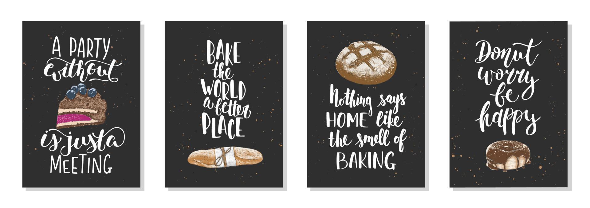 Set of 4 vector bakery posters with hand drawn unique funny lettering design element for kitchen decoration, prints and cafe wall art. Engraved sketch of donut or doughnut, baguette, bread, cake.