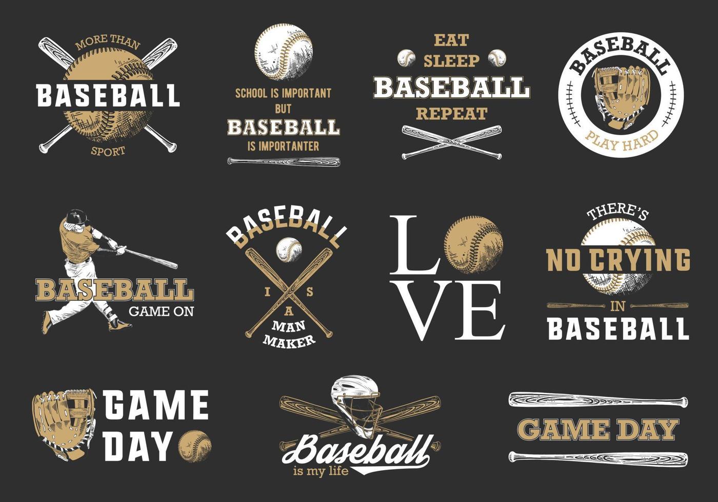 conjunto de 11 ilustraciones de estilo grabado para carteles, decoración, diseño de camisetas. bocetos de béisbol dibujados a mano con tipografía motivacional aislada en fondo negro. logotipo de dibujo vintage detallado. vector