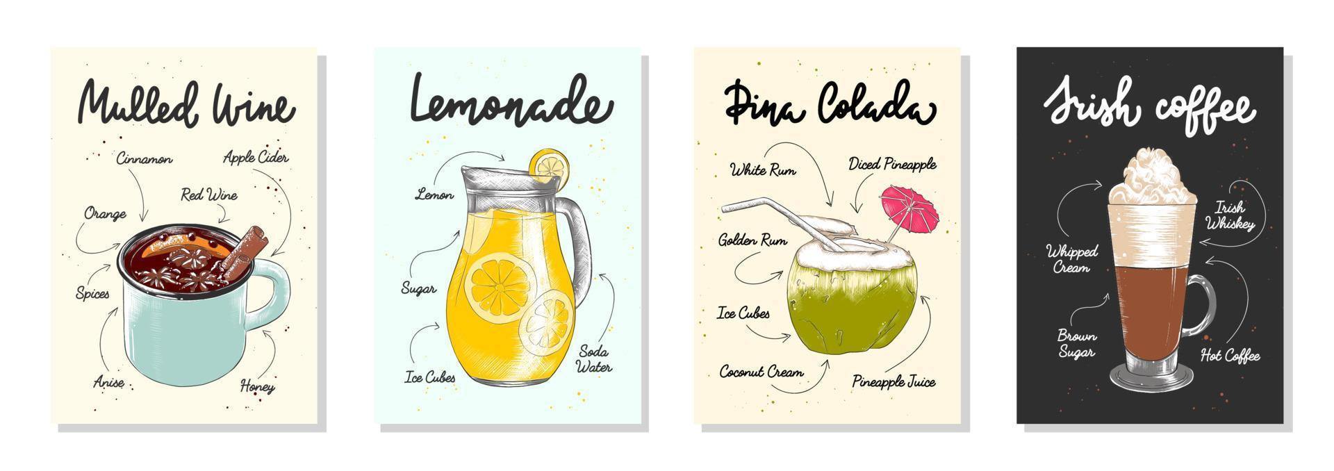 Set of 4 advertising recipe lists with alcoholic drinks, cocktails and beverages lettering posters, wall decoration, prints, menu design. Hand drawn typography with sketches. Handwritten calligraphy. vector