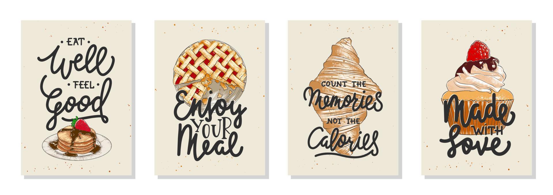 Set of 4 vector bakery posters with hand drawn unique funny lettering design element for kitchen decoration, prints and advertising cafe wall art. Engraved sketch of cupcake, pancakes, pie, croissant.