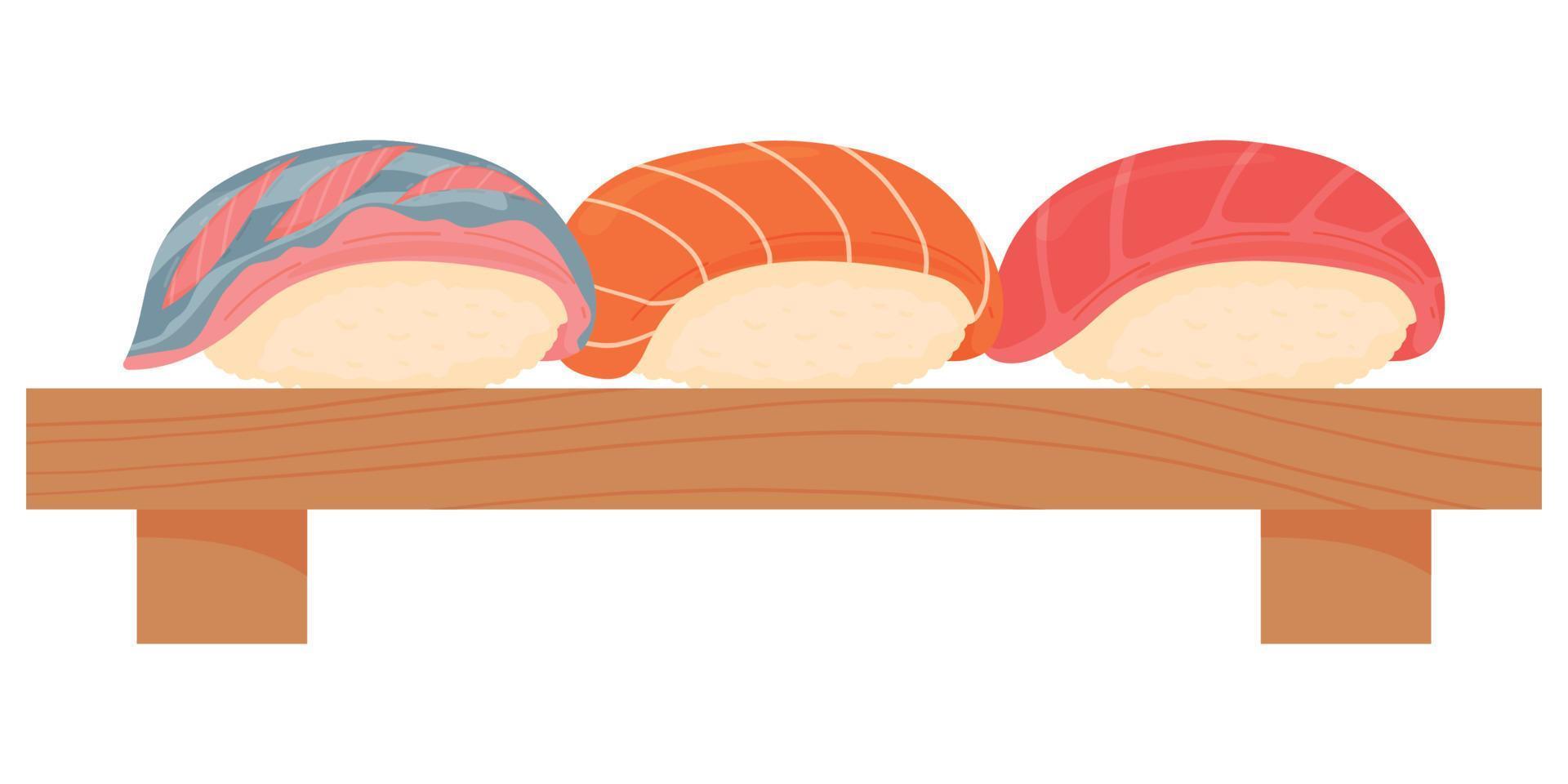 Cartoon salmon, tuna and iwashi sushi on wooden board. Asian food Japanese cuisine, traditional food isolated on white background vector
