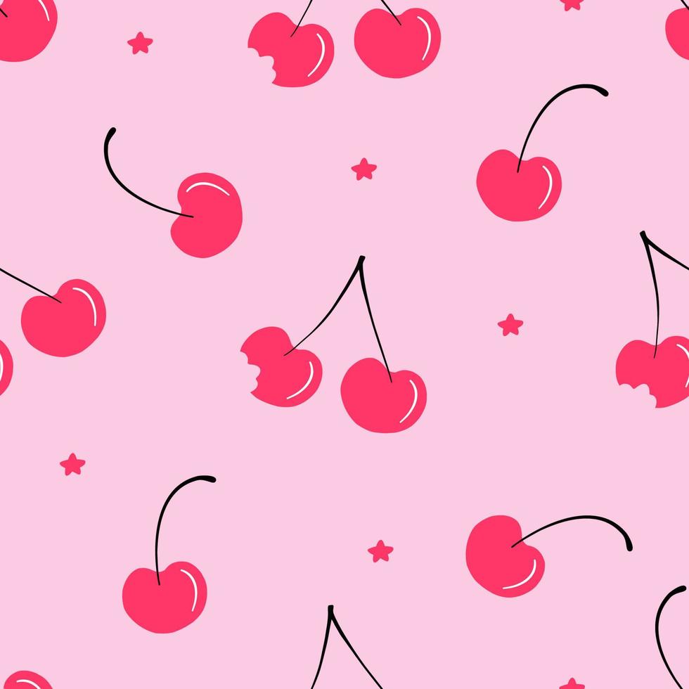 patrón impecable con cerezas rojas y estrellas. lindo diseño sobre fondo rosa. diseño plano para estampados de moda, tarjetas, pancartas, papel envolvente, afiches, álbumes de recortes. ilustración vectorial aislada vector