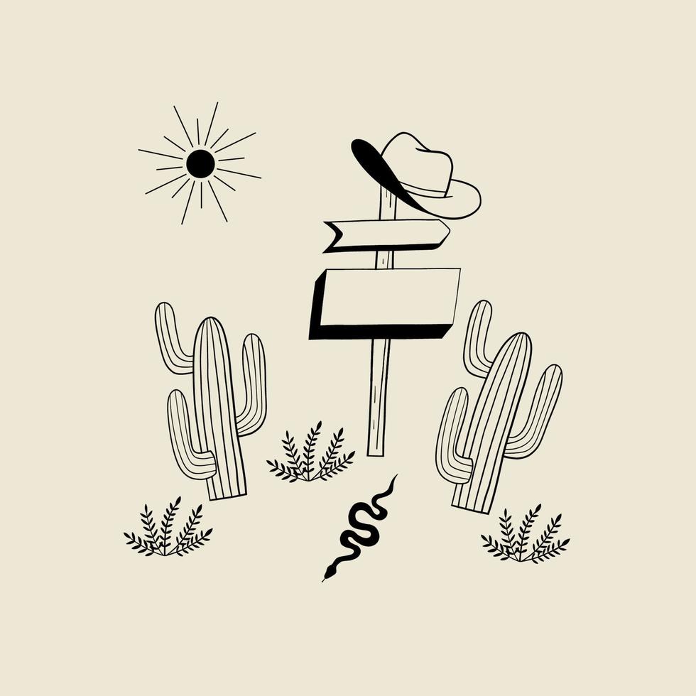 Wild westworld concept. Desert landscape. Illustration with sign boards road, cowboy hat, cactus, bush, sun and snake. Isolated vector design