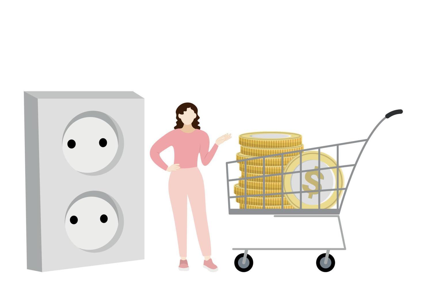 A girl stands near a huge power socket and a grocery cart in which a stack of golden coins with a dollar sign, flat vector, isolate on white vector